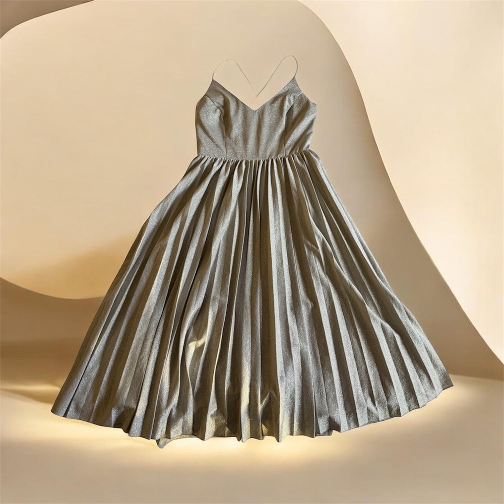 Anthropologie Elevenses Lunar Shimmering Champagne Metallic Pleated Midi Dress 8